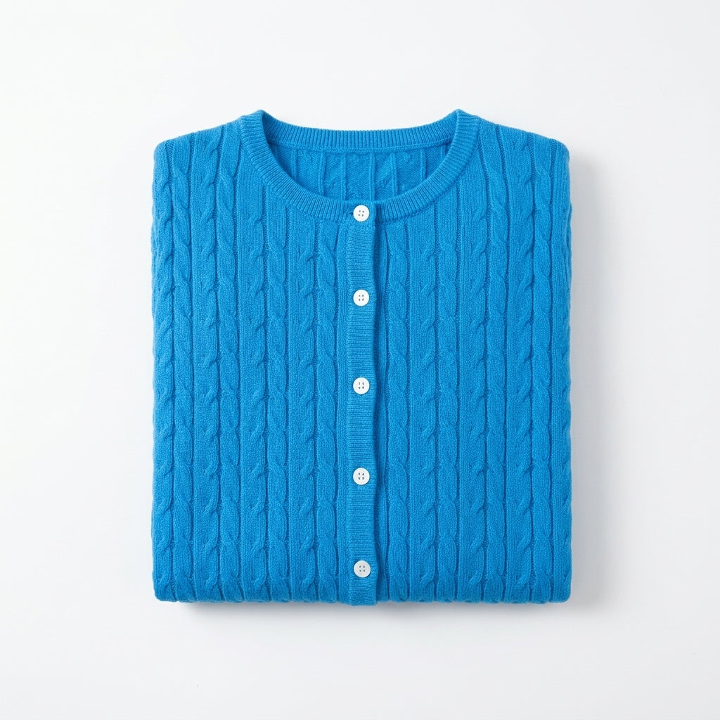 [WHOLESALE ONLY - CONTACT TO ORDER] Women's Classic Fitted Cable-Knit Crewneck Button-Front Cardigan Sweater (Vibrant Azure Cerulean Blue) [AW-202]