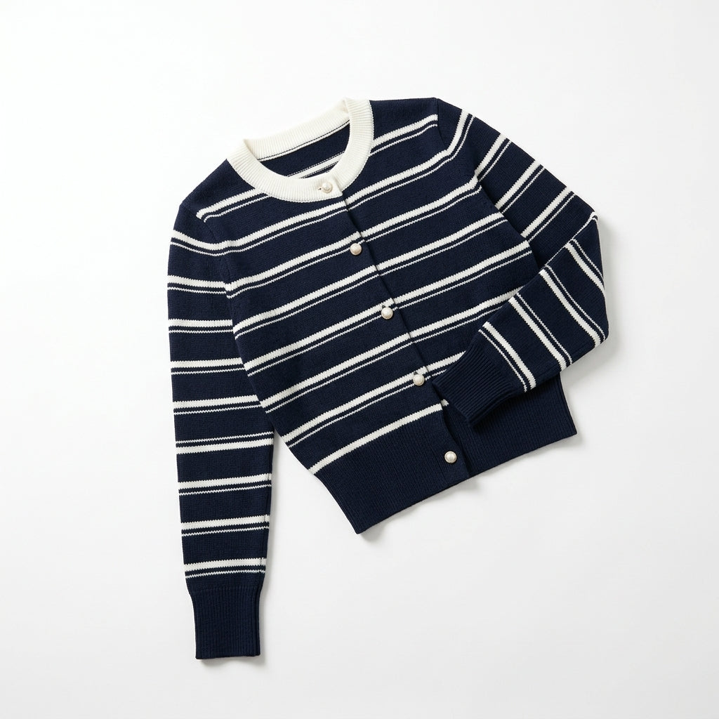 [WHOLESALE ONLY - CONTACT TO ORDER] Women's Parisian Chic Striped Knit Cardigan with Contrast Ribbed Collar & Pearl Dome Buttons (Midnight Navy & Cream White) [AW-224]