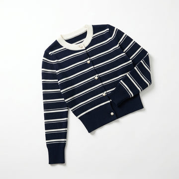 [WHOLESALE ONLY - CONTACT TO ORDER] Women's Parisian Chic Striped Knit Cardigan with Contrast Ribbed Collar & Pearl Dome Buttons (Midnight Navy & Cream White) [AW-224]