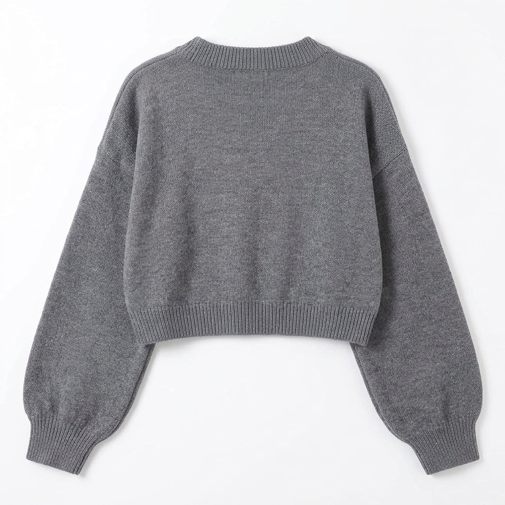 [WHOLESALE ONLY - CONTACT TO ORDER] Women's Ultra-Soft Cashmere-Feel Deep V-Neck Cropped Pullover Sweater with Lantern Sleeves (Heather Charcoal Grey) [AW-203]