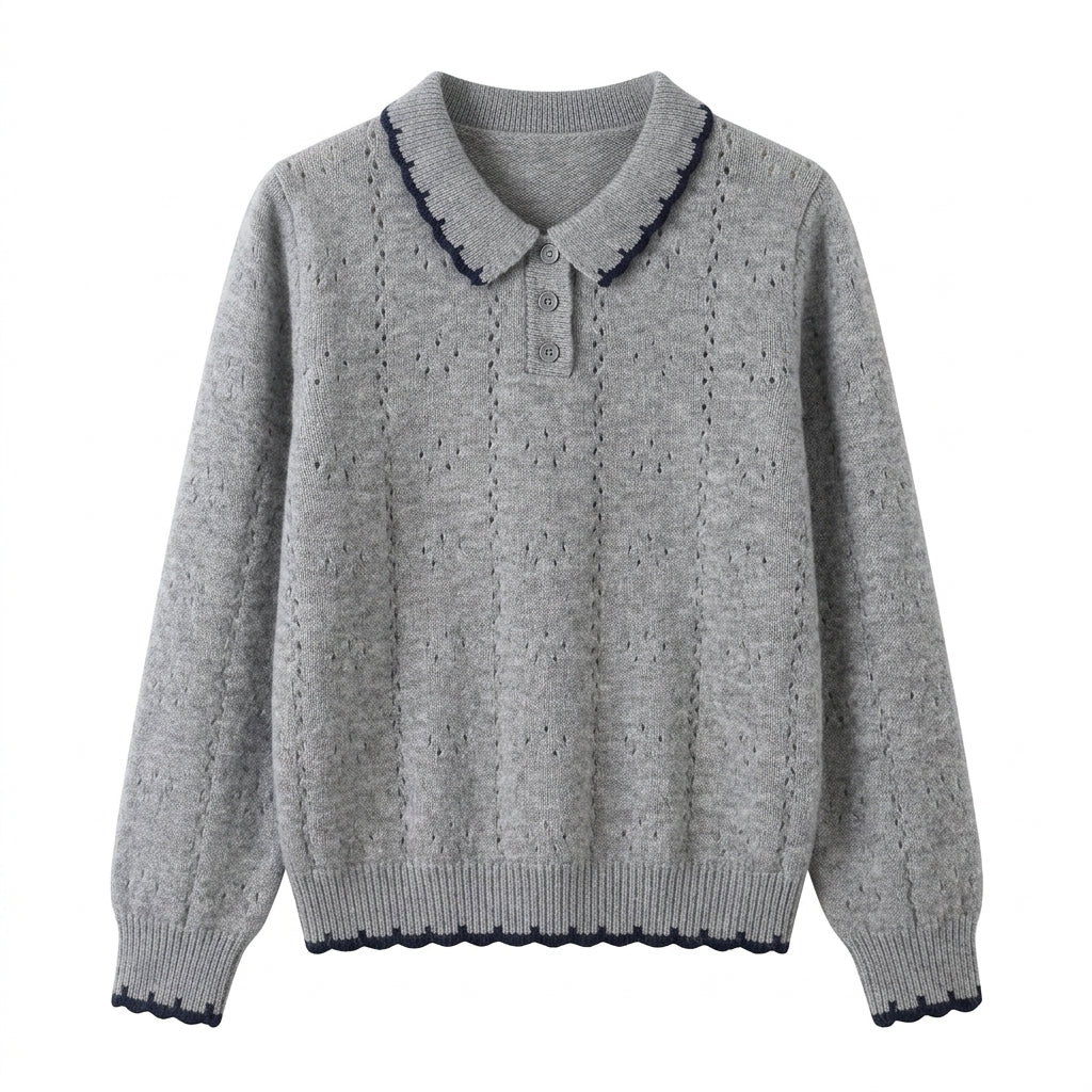 [WHOLESALE ONLY - CONTACT TO ORDER] Women's Preppy Pointelle Eyelet Knit Polo Collar Pullover Sweater with Scalloped Contrast Crochet Edging (Heather Grey & Midnight Navy) [AW-201]