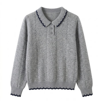 [WHOLESALE ONLY - CONTACT TO ORDER] Women's Preppy Pointelle Eyelet Knit Polo Collar Pullover Sweater with Scalloped Contrast Crochet Edging (Heather Grey & Midnight Navy) [AW-201]