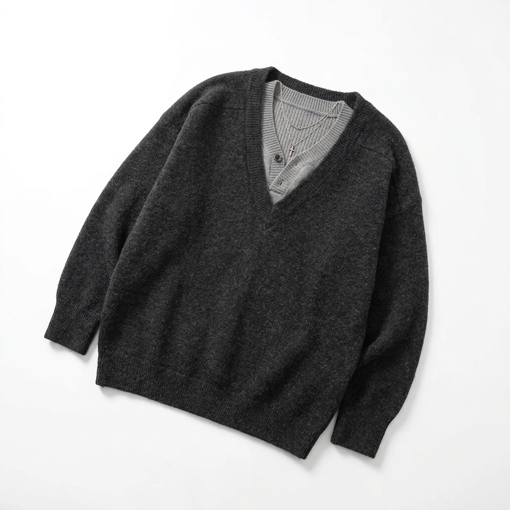 [WHOLESALE ONLY - CONTACT TO ORDER] Women's / Unisex Preppy 2-in-1 Layered Deep V-Neck Knit Pullover Sweater with Ribbed Henley Insert (Heather Charcoal Grey & Heather Light Grey) [AW-223]