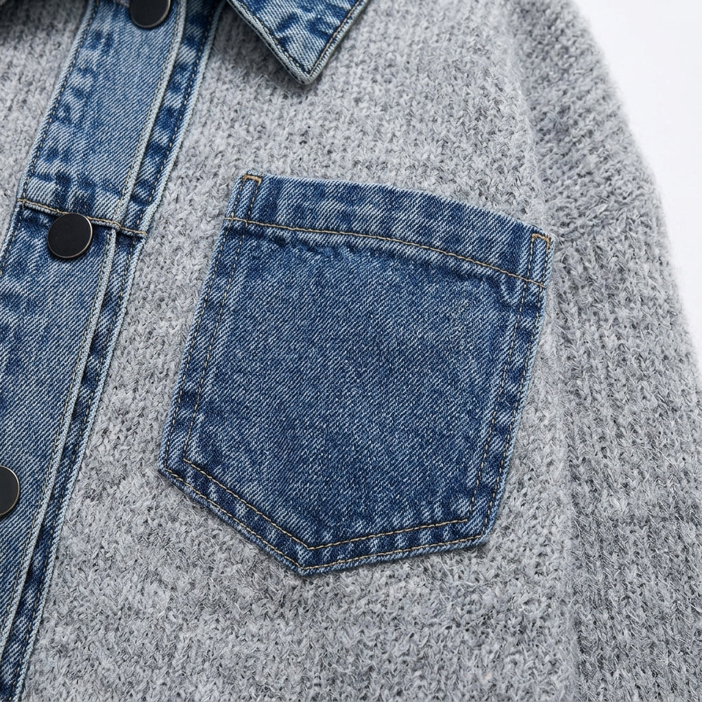 [WHOLESALE ONLY - CONTACT TO ORDER] Women's Hybrid Denim-Spliced Fuzzy Knit Button-Front Jacket Cardigan with Washed Denim Collar & Chest Pocket (Heather Grey & Medium Wash Denim) [AW-212]