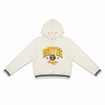 [WHOLESALE ONLY - CONTACT TO ORDER] NBA Denver Nuggets Vintage Varsity Cropped Fleece Hoodie Cream Striped Rib Pullover - Do Not Buy Direct