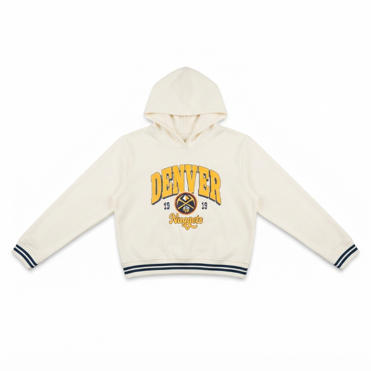 [WHOLESALE ONLY - CONTACT TO ORDER] NBA Denver Nuggets Vintage Varsity Cropped Fleece Hoodie Cream Striped Rib Pullover - Do Not Buy Direct