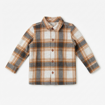 [WHOLESALE ONLY - CONTACT TO ORDER] Toddler Kids Brown Plaid Brushed Flannel Button-Down Shirt Jacket - Heavyweight Cotton Blend Shacket (Do Not Order Directly)