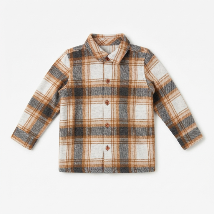 [WHOLESALE ONLY - CONTACT TO ORDER] Toddler Kids Brown Plaid Brushed Flannel Button-Down Shirt Jacket - Heavyweight Cotton Blend Shacket (Do Not Order Directly)