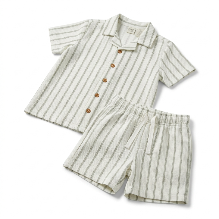 [WHOLESALE ONLY - CONTACT TO ORDER] Toddler Boys Striped Waffle Gauze Shirt & Shorts 2-Piece Summer Set (Sage Green) - Catalog Display Only (Do Not Order Directly)