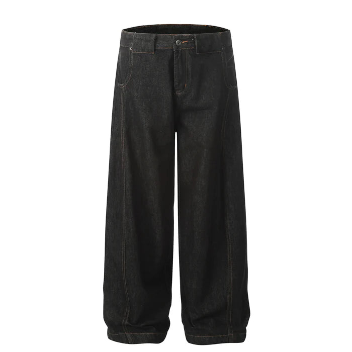 Unisex Vintage Black Denim Scimitar-Cut Wide-Leg Pants [DROP2-008]