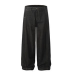 Unisex Vintage Black Denim Scimitar-Cut Wide-Leg Pants [DROP2-008]