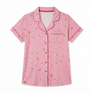 [WHOLESALE ONLY - CONTACT TO ORDER] Women's Pink Puppy & Heart Print Pajama Top Short Sleeve Button-Down Notch Collar Sleep Shirt - Do Not Buy Direct