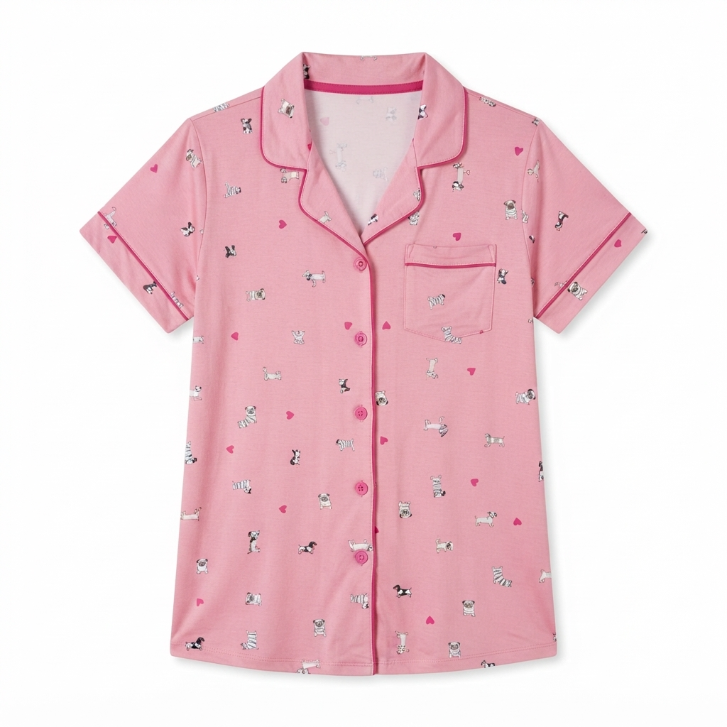[WHOLESALE ONLY - CONTACT TO ORDER] Women's Pink Puppy & Heart Print Pajama Top Short Sleeve Button-Down Notch Collar Sleep Shirt - Do Not Buy Direct