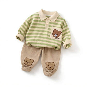 [WHOLESALE ONLY - CONTACT TO ORDER] Toddler Baby Boys 2-Piece Striped Polo Sweatshirt & Corduroy Pants Set - Cute Bear Patchwork Autumn Loungewear[KW-169]