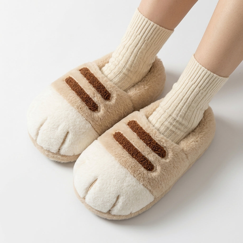 [WHOLESALE ONLY - CONTACT TO ORDER] Unisex 3D Cat Paw Striped Faux Fur Memory Foam Winter Slippers - Embossed Kitty Claw Non-Slip Sole House Shoes (Oat Beige & Cream) [FM-115]