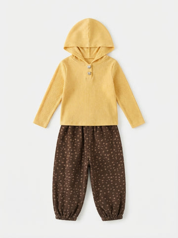 [WHOLESALE ONLY - CONTACT TO ORDER] Toddler Baby Girls 2-Piece Waffle Knit Hooded Henley Top & Ditsy Floral Corduroy Balloon Pants Set - Autumn Casual Loungewear [KW-149]