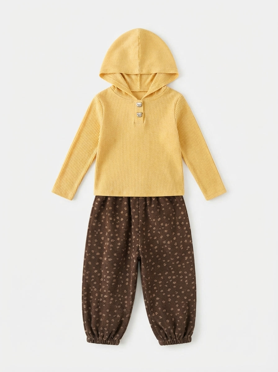 [WHOLESALE ONLY - CONTACT TO ORDER] Toddler Baby Girls 2-Piece Waffle Knit Hooded Henley Top & Ditsy Floral Corduroy Balloon Pants Set - Autumn Casual Loungewear [KW-149]