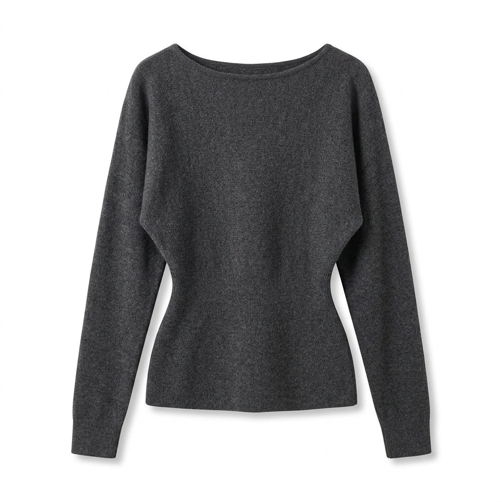 [WHOLESALE ONLY - CONTACT TO ORDER] Women's Elegant Batwing Dolman Sleeve Cinched-Waist Boatneck Pullover Sweater (Heather Charcoal Grey) [AW-217]