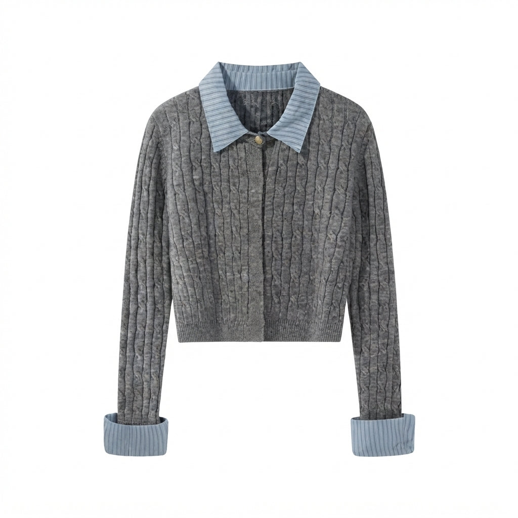 [WHOLESALE ONLY - CONTACT TO ORDER] Women's Preppy 2-in-1 Cable-Knit Cardigan with Striped Shirt Collar & Turn-Back Cuffs with Gold Dome Buttons (Heather Grey & Blue Stripe) [AW-207]