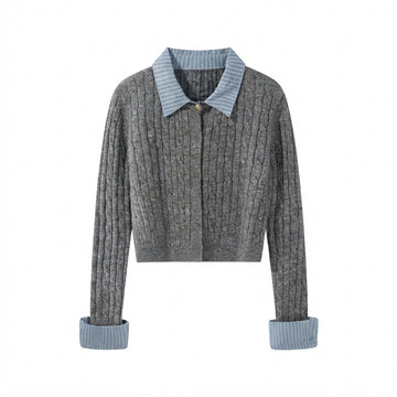 [WHOLESALE ONLY - CONTACT TO ORDER] Women's Preppy 2-in-1 Cable-Knit Cardigan with Striped Shirt Collar & Turn-Back Cuffs with Gold Dome Buttons (Heather Grey & Blue Stripe) [AW-207]