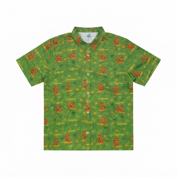 [WHOLESALE ONLY - CONTACT TO ORDER] Men's California Surfing Bear Hawaiian Aloha Shirt Retro Green Short Sleeve Resort Beach Button Up - Do Not Buy Direct