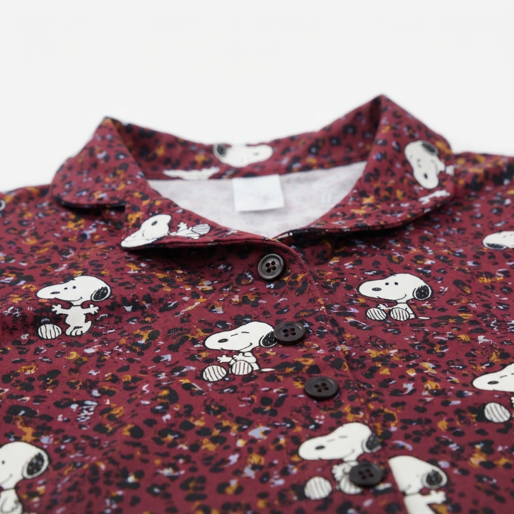 [WHOLESALE ONLY - CONTACT TO ORDER] Women's Snoopy Ditsy Leopard Print Pajama Set 2-Piece Short Sleeve Button-Down Top and Ruffle Shorts Burgundy - Do Not Buy Direct