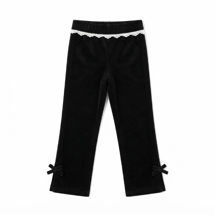 [WHOLESALE ONLY - CONTACT TO ORDER] Girls Black Velour Zip Hoodie and Lace-Trim Flared Sweatpants 2-Piece Tracksuit Set - Soft Cotton Blend Loungewear (Do Not Order Directly)