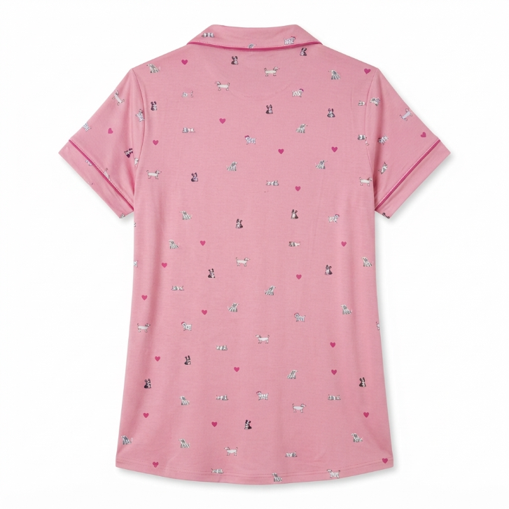 [WHOLESALE ONLY - CONTACT TO ORDER] Women's Pink Puppy & Heart Print Pajama Top Short Sleeve Button-Down Notch Collar Sleep Shirt - Do Not Buy Direct