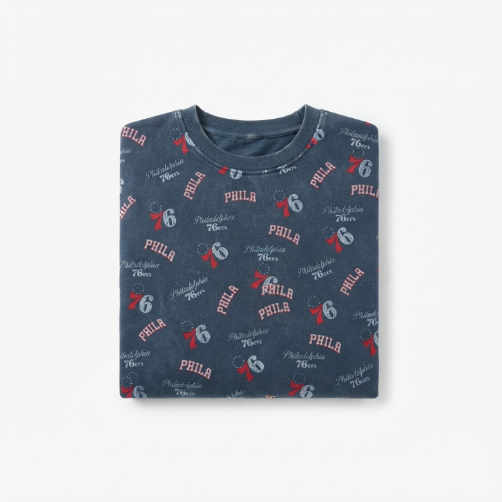 [WHOLESALE ONLY - CONTACT TO ORDER] NBA Philadelphia 76ers Vintage Mineral Washed All-Over Print Crewneck Sweatshirt Long Sleeve Pullover - Do Not Buy Direct