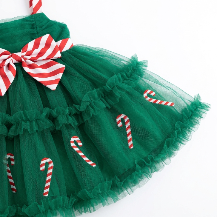 [WHOLESALE ONLY - CONTACT TO ORDER] Toddler Girls Festive Christmas Candy Cane Tiered Tulle Tutu Dress (Green) - Holiday Catalog Display Only (Do Not Order Directly)