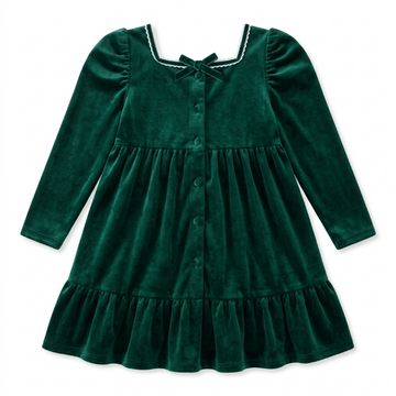 [WHOLESALE ONLY - CONTACT TO ORDER] Toddler & Girls Emerald Green Velvet Long Sleeve Ruffle Tiered Holiday Party Dress with Lace Square Neck - Catalog Display Only (Do Not Order Directly)