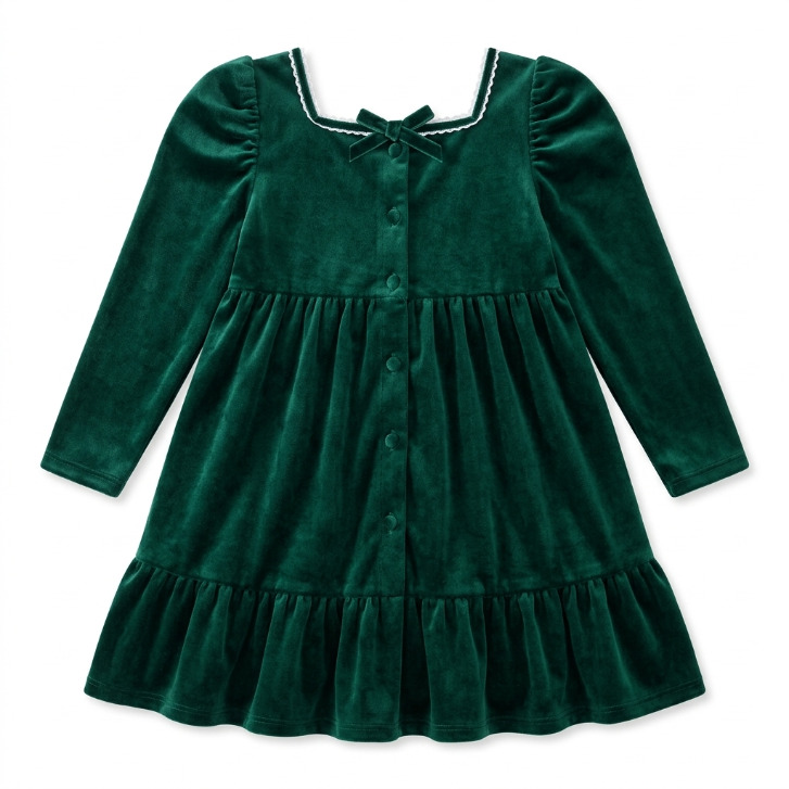 [WHOLESALE ONLY - CONTACT TO ORDER] Toddler & Girls Emerald Green Velvet Long Sleeve Ruffle Tiered Holiday Party Dress with Lace Square Neck - Catalog Display Only (Do Not Order Directly)