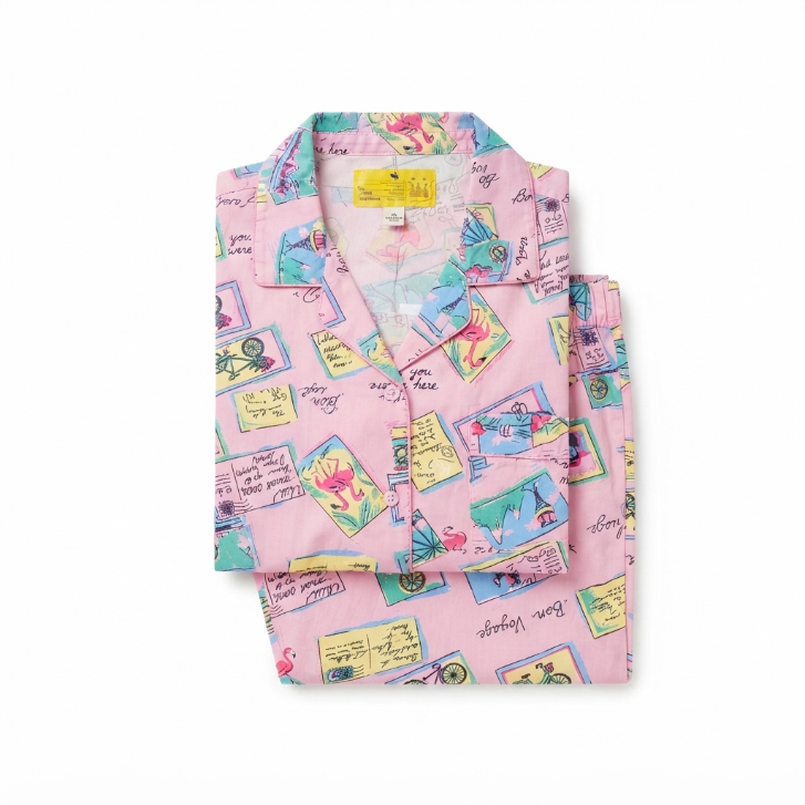 [WHOLESALE ONLY - CONTACT TO ORDER] Women's Travel Postcard Print Ruffle Pajama Set 2-Piece Short Sleeve Button-Down Top and Pants - Do Not Buy Direct