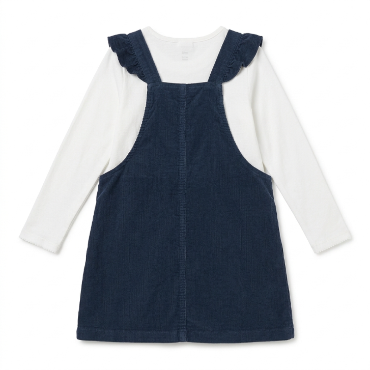 [WHOLESALE ONLY - CONTACT TO ORDER] Toddler Girls 2-Piece Fall Corduroy Pinafore Overall Dress & Long Sleeve Tee Set with Apple Appliques (Navy) - Catalog Display Only (Do Not Order Directly)