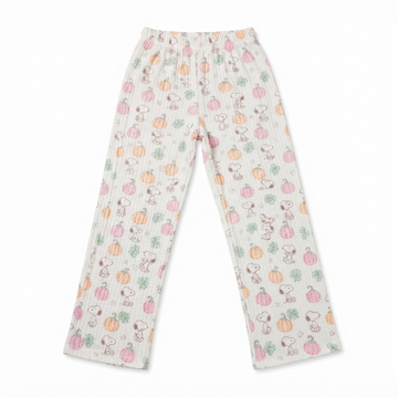 [WHOLESALE ONLY - CONTACT TO ORDER] Women's Snoopy Fall Pumpkin Print Ribbed Knit Pajama Pants Elastic Waist Wide-Leg Lounge Trousers - Do Not Buy Direct
