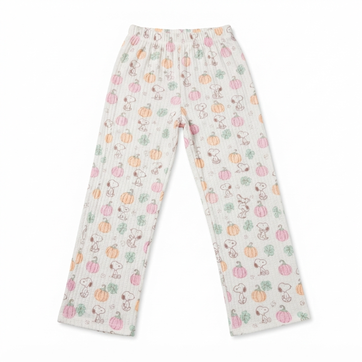 [WHOLESALE ONLY - CONTACT TO ORDER] Women's Snoopy Fall Pumpkin Print Ribbed Knit Pajama Pants Elastic Waist Wide-Leg Lounge Trousers - Do Not Buy Direct
