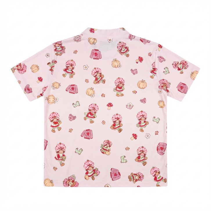 [WHOLESALE ONLY - CONTACT TO ORDER] Women's Strawberry Shortcake Fall Harvest Pajama Set 2-Piece Ruffle Trim Button-Down Top and Shorts Pink - Do Not Buy Direct