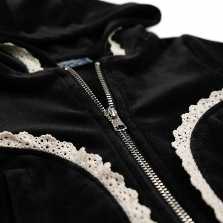[WHOLESALE ONLY - CONTACT TO ORDER] Toddler & Girls Black Velour Zip-Up Hoodie & Foldover Flare Pants 2-Piece Set with Crochet Lace Trim - Catalog Display Only (Do Not Order Directly)