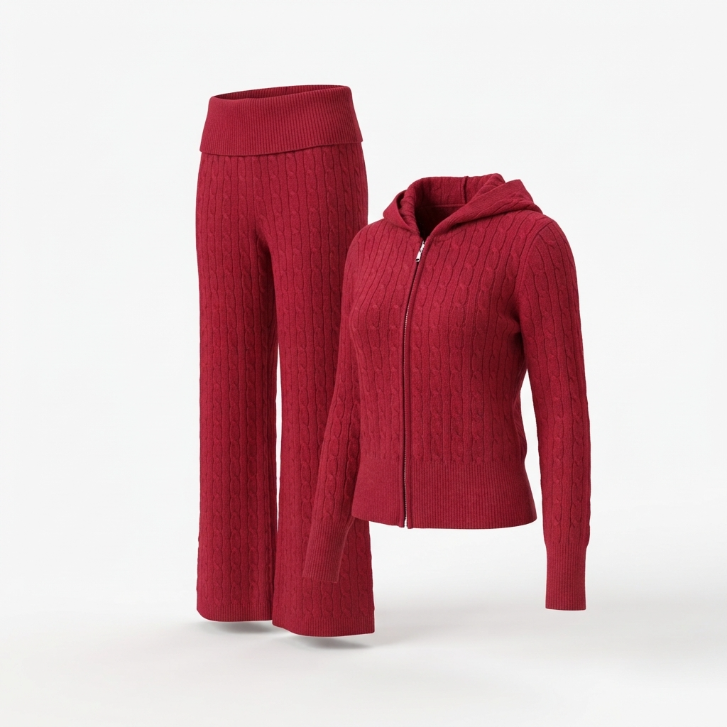 [WHOLESALE ONLY - CONTACT TO ORDER] Women's Cable-Knit Zip-Up Hooded Sweater and High-Waist Flare Pants 2-Piece Lounge Set Red - Do Not Buy Direct