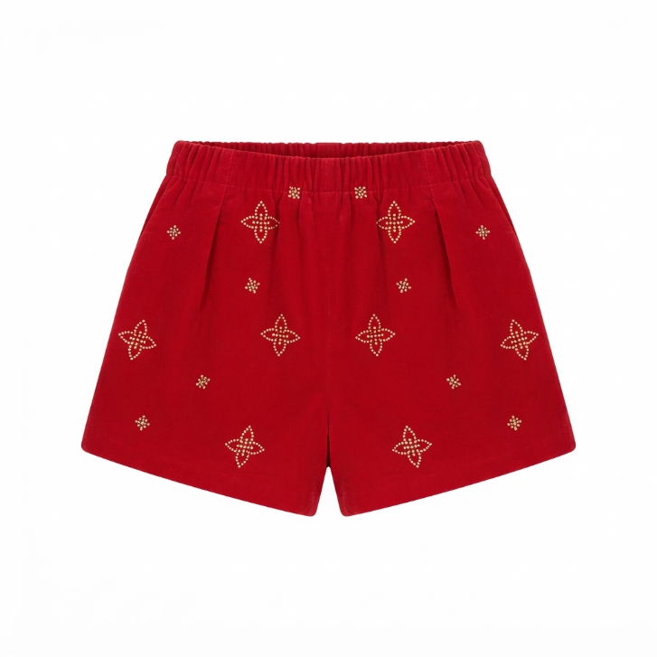 [WHOLESALE ONLY - CONTACT TO ORDER] Toddler & Girls Holiday 2-Piece Rhinestone Ribbed Knit Top & Red Velvet Shorts Set - Catalog Display Only (Do Not Order Directly)