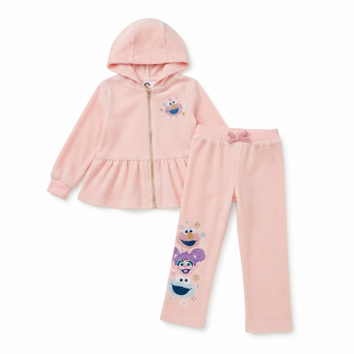 [WHOLESALE ONLY - CONTACT TO ORDER] Toddler Girls Pink Velour Peplum Zip Hoodie and Sweatpants 2-Piece Set - Cozy Cotton Fleece Cartoon Character Loungewear (Do Not Order Directly)