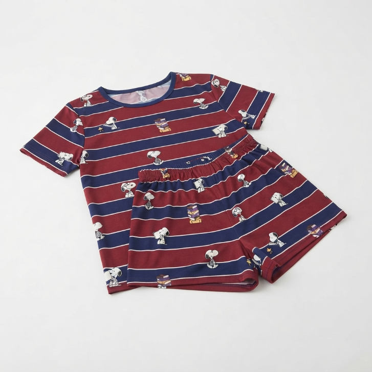[WHOLESALE ONLY - CONTACT TO ORDER] Women's Snoopy Striped Short Pajama Set 2-Piece Cotton Blend Loungewear T-Shirt and Shorts - Do Not Buy Direct