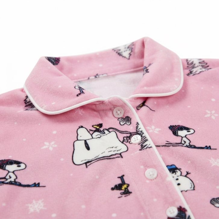 [WHOLESALE ONLY - CONTACT TO ORDER] Women's Snoopy Winter Ski Plush Fleece Short Pajama Set 2-Piece Button-Down Top and Shorts Pink - Do Not Buy Direct