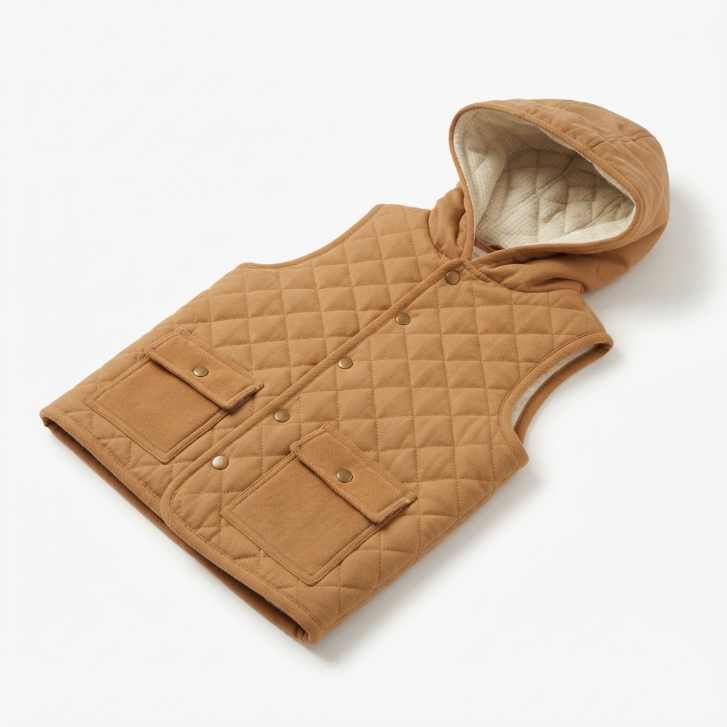[WHOLESALE ONLY - CONTACT TO ORDER] Toddler Kids Caramel Tan Quilted Hooded Vest - Sherpa Lined Cotton Puffer Gilet with Flap Pockets (Do Not Order Directly)