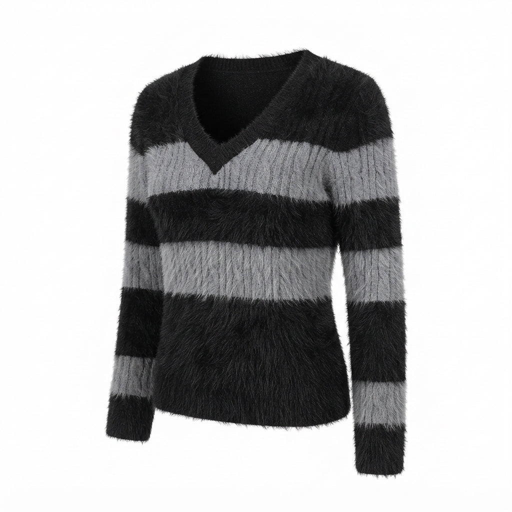 [WHOLESALE ONLY - CONTACT TO ORDER] Women's Grunge Y2K Striped Fuzzy Eyelash & Cable-Knit V-Neck Pullover Sweater with Ribbed Inset (Noir Black & Heather Grey) [AW-213]