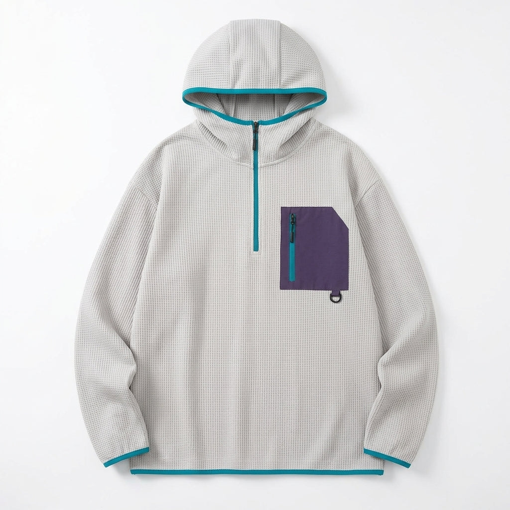 [WHOLESALE ONLY - CONTACT TO ORDER] Unisex Heavyweight 360GSM 80% Cotton Waffle Grid Quarter-Zip Pullover Hoodie with Contrast Nylon Pocket (Heather Light Grey) [AW-101]