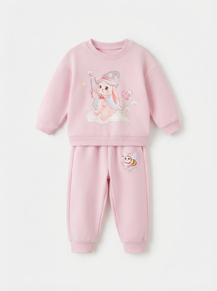 [WHOLESALE ONLY - CONTACT TO ORDER] Toddler Baby Girls 2-Piece Fleece Sweatshirt & Joggers Set - Cute Magical Wizard Bunny Graphic Pink Tracksuit [KW-158]