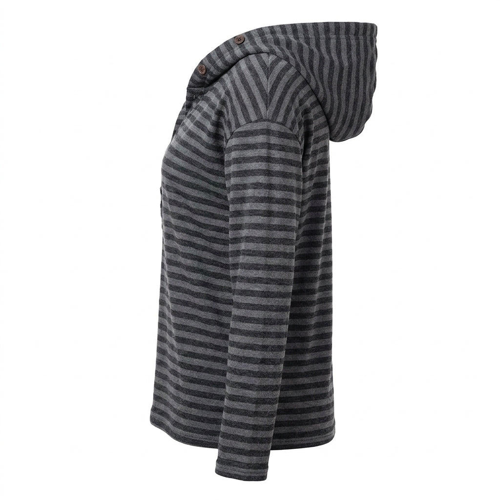 [WHOLESALE ONLY - CONTACT TO ORDER] Unisex Heavyweight 300GSM 80% Cotton Fleece Lined Striped Button Henley Pullover Hoodie (Charcoal & Heather Grey) [AW-106]