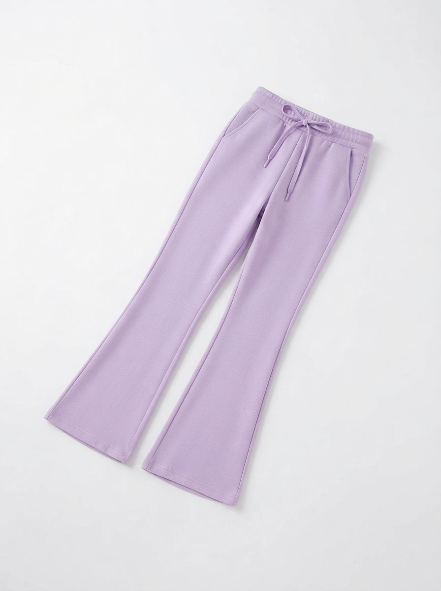 [WHOLESALE ONLY - CONTACT TO ORDER] Toddler Baby Girls French Terry Bell Bottom Flare Pants - Drawstring Elastic Waistband Pastel Lavender Trousers [KW-126]