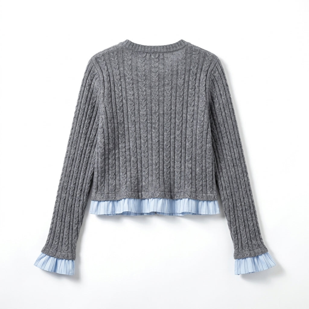 [WHOLESALE ONLY - CONTACT TO ORDER] Women's Preppy 2-in-1 Layered Cable-Knit Cardigan with Pleated Shirting Trim, Velvet Bow & Gold Crest Button Details (Heather Medium Grey & Sky Blue) [AW-232]